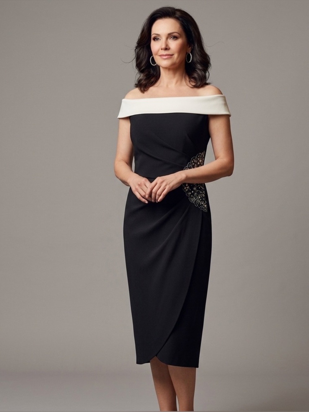 Alex Evenings Sz 8 Black Embellished Off The Shoulder Cocktail Evening Dress